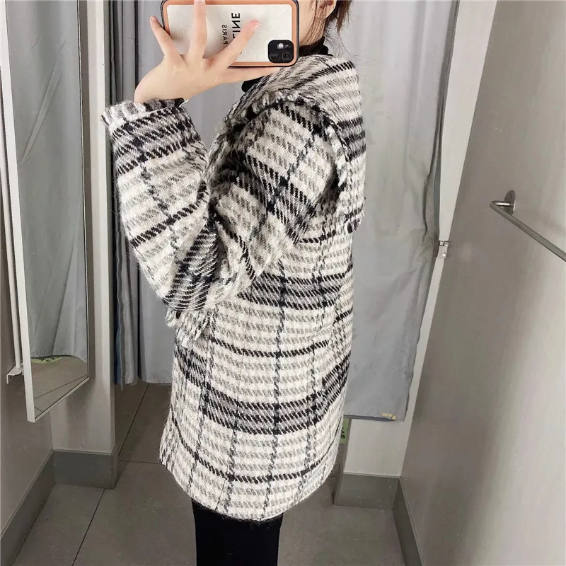 Jacket Women Tweed Plaid Winter Coat Woman Vintage Long Sleeve Oversized Jackets Ladies Loose Casual Overcoats 210519