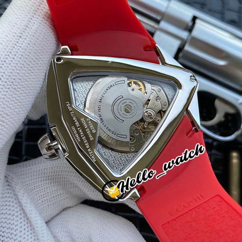 44mm Ventura Elvis80 H24551331 H24585331 H24551731 Klockor Automatiska herrar Titta svart Dial Steel Case Gray Inner Red Rubber Strap 290b