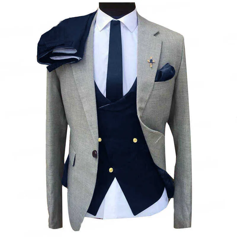 Slim Fit Men Suits for Wedding Double Breastedd Waistcoat Gray Jacket with Royal Blue Pant Groom Tuxedo Fashion Cosatume X0909