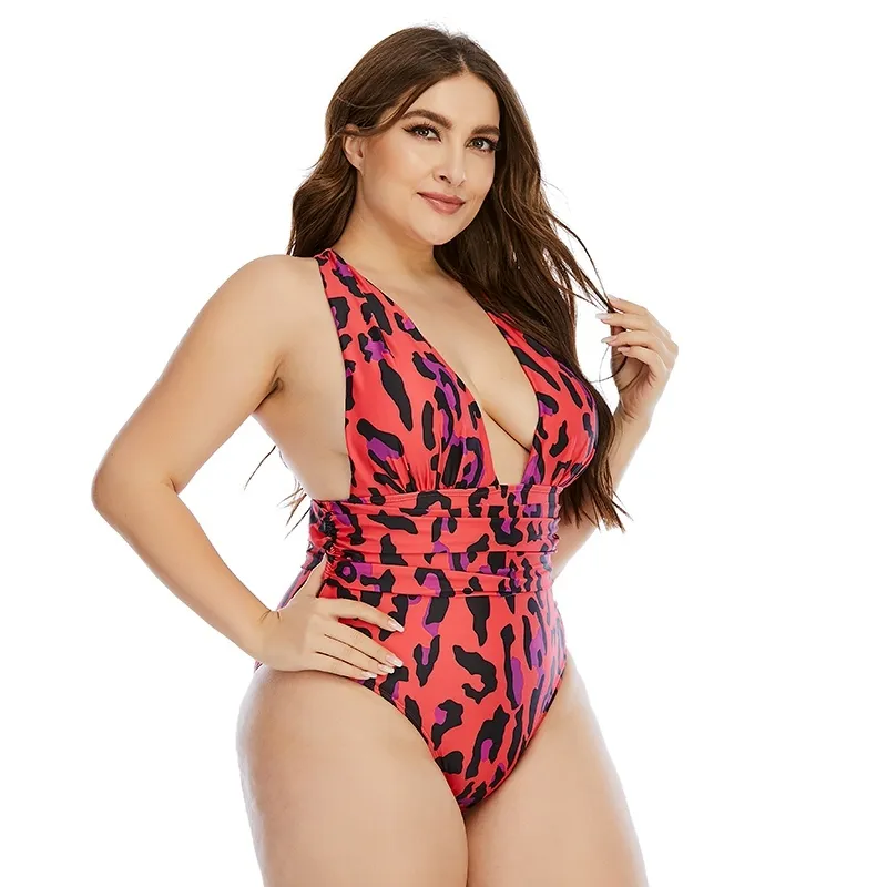 Sexy Leopard Plunge Swimsuit Women DeepV Bathing Suit Plus Size Swimwear Female Backless Swimming Bodysuit 210520