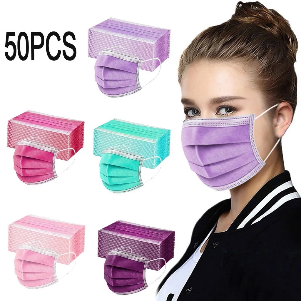 50 adet Mascarillas De Colores Kadın Erkek Katı Maske Tek Kullanımlık Yüz Maskeleri 3ply Kulak Döngü Maske Yüz Kadınlar Için