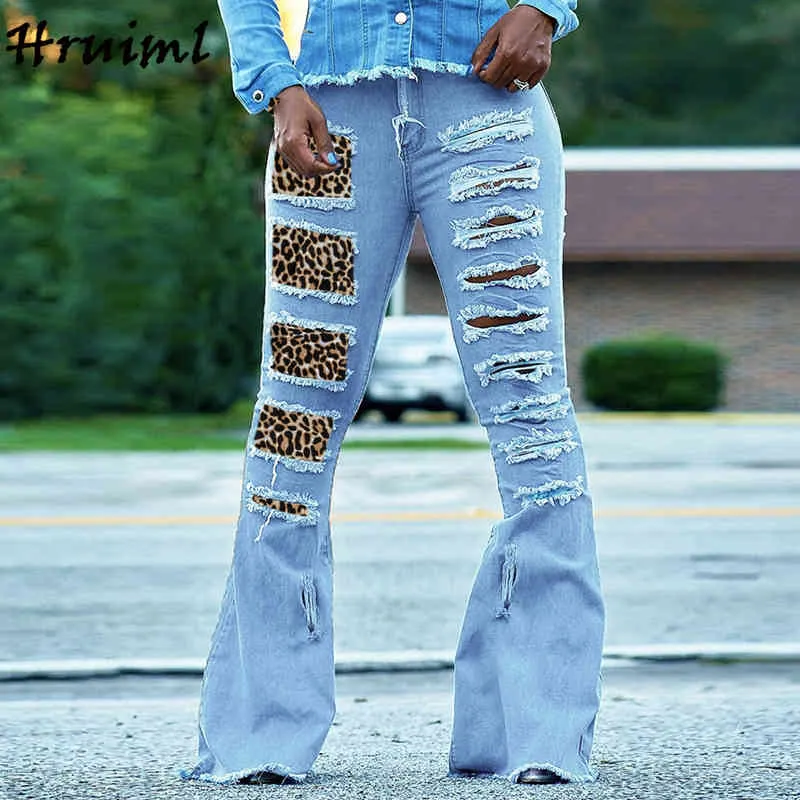 Jeans Knopfleiste mit Reißverschluss Lässige Mode Ankunft Frauen Bottoms Hosen Leopard Stitching Hole Plus Size Spodnie Damskie 210513