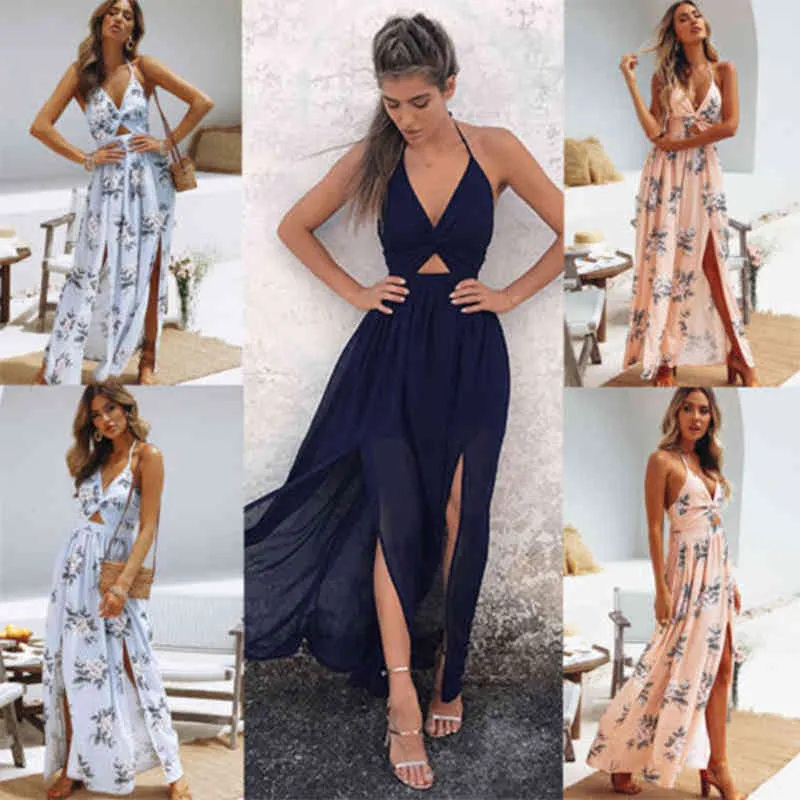 Diiwii Kadın Bayan Yaz Boho Maxi Uzun Elbise Akşam Parti Plaj Sundress Çiçek Halter Kız Arkadaşı X0521