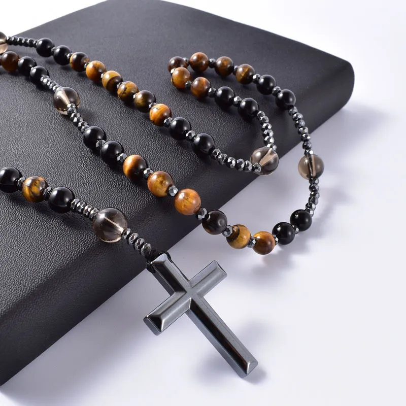 Ónix negro Natural con piedra de ojo de tigre, collares de Rosario de Cristo católico, colgante de Cruz de hematita, collar para hombres, joyería de meditación