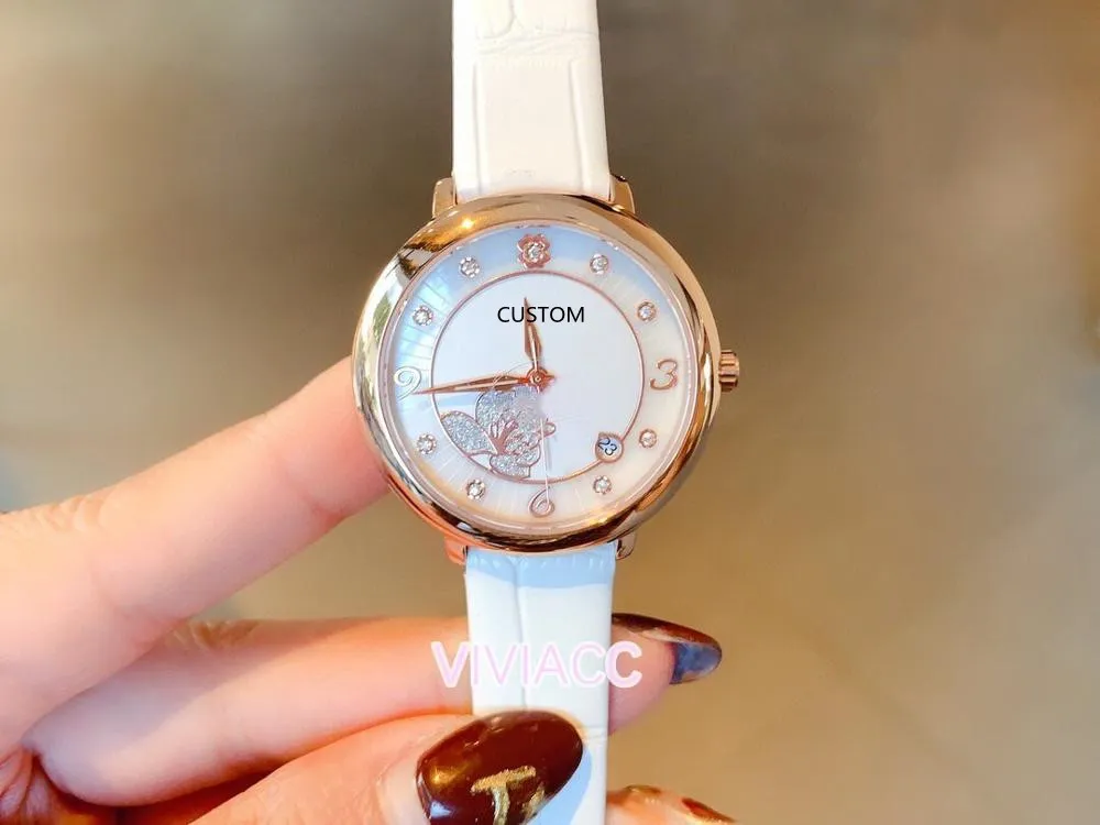 top luxury women geometric flower Watches real leather quartz clock female zircon diamond sport calendar wrist watch 28mm