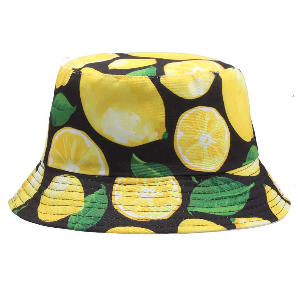 Banana Lemon Printed Double-Sided Bucket Hat Women Summer Cotton Fashion Panama Cap Sun Girls Fishing Black Fisherman's H237F