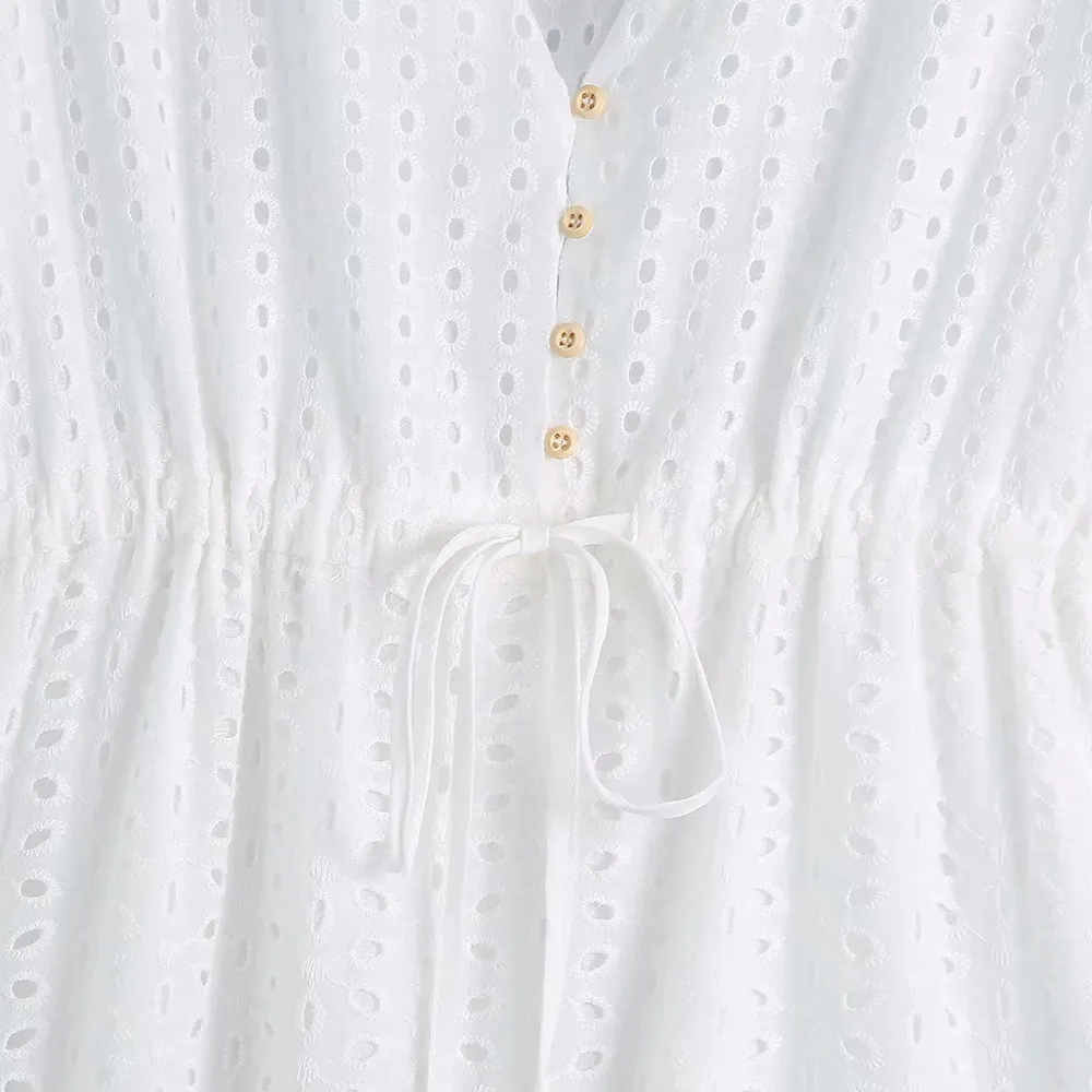 BBWMの女性の夏の白いVネックのドレス半袖ボタン蝶ネクタイカジュアルな女性エレガントなパーティーAラインドレスvestidos 210520