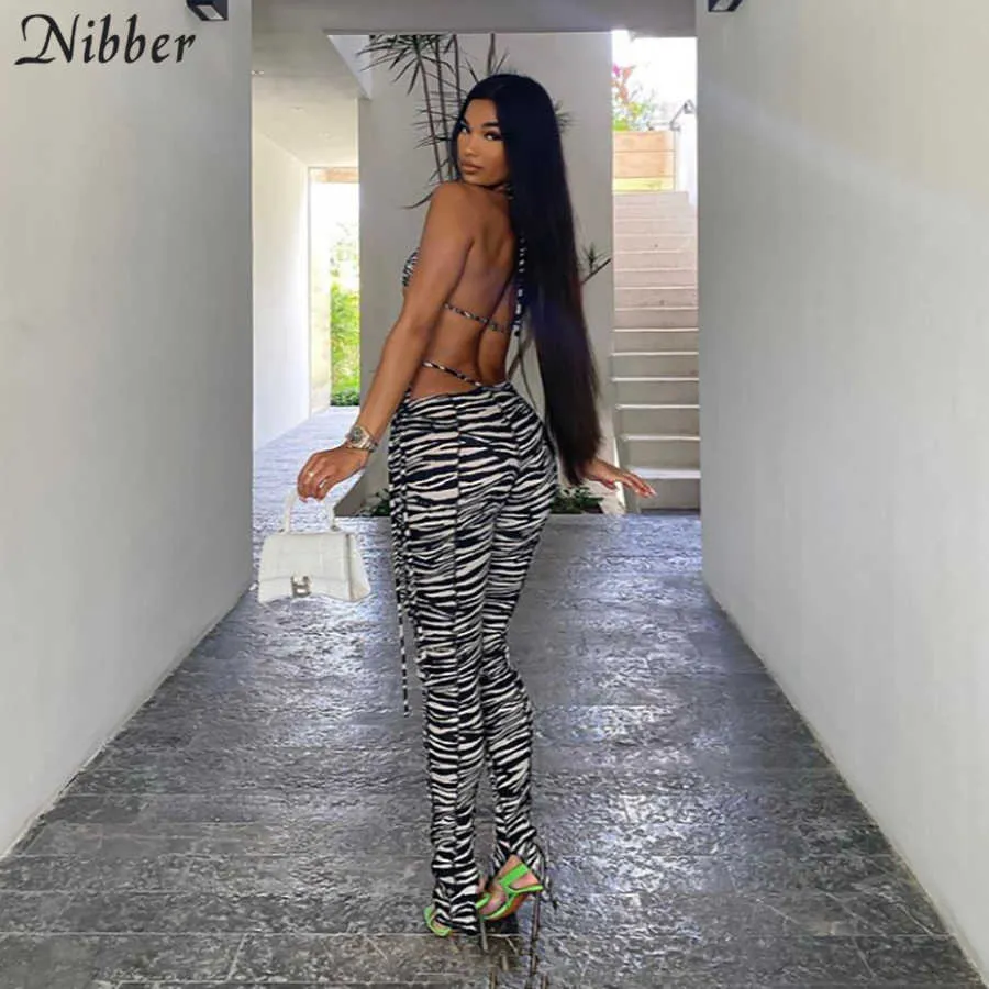 Nibber Zebra Muster Druck Passenden Sets Frauen 2021 Ärmellose Sexy Backless Halter Top Und Engen Hosen Zwei Stück Outfits Y0625