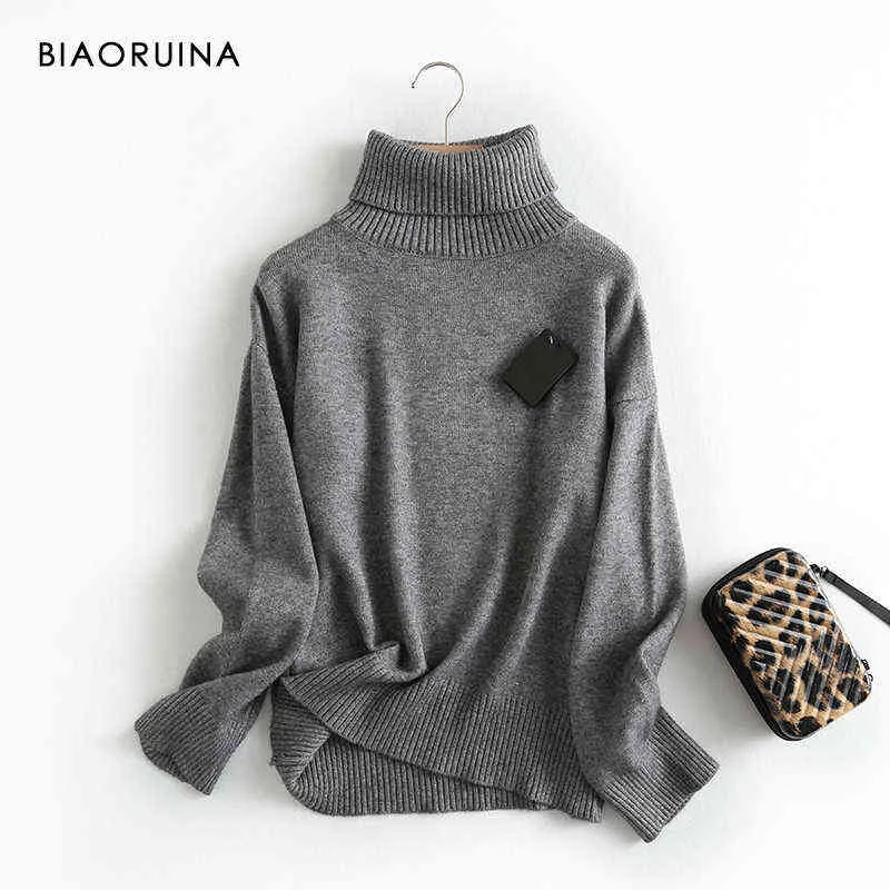 Biaoruina 3 kleuren Dames Casual All-match Solid Gebreide Coltrui Trui Vrouwelijke Dagelijkse Herfst Winter Houd Warme Pullovers 211103