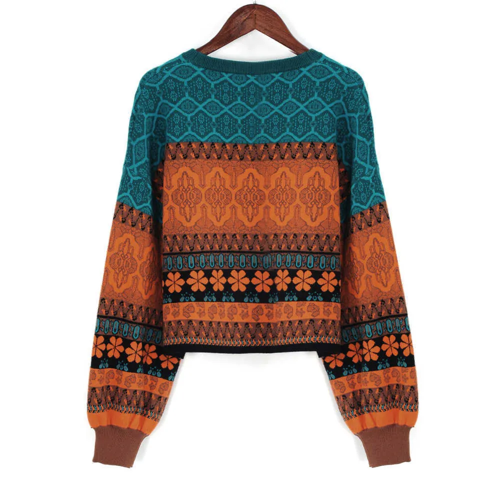 Kobieta Krótki sweter Retro Chic Łączenie Kolor Zima Młode Dziewczyny Ciepłe Odzież Dziana Kwiat Wzór Pullover Dla Kobiet 210914