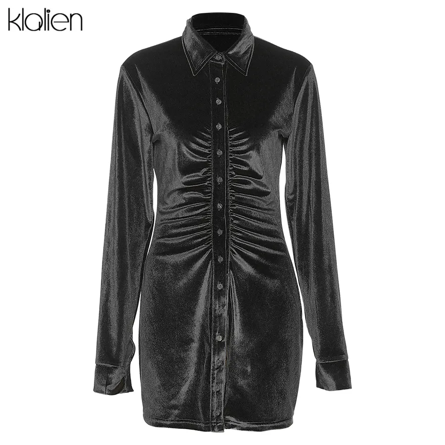 Klalienファッションエレガントなフランネルハイウエストは、薄いソフトミニドレス女性秋の長袖ボディコンドレスオフィスレディ210320でした
