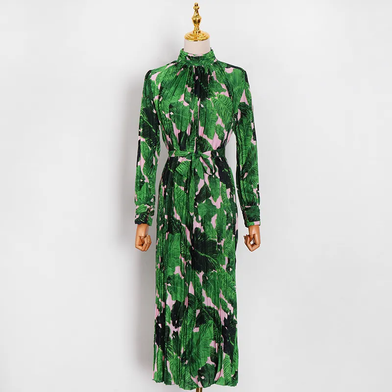 Élégant imprimé robe plissée pour les femmes col montant à manches longues ceintures Slim Maxi robes femme printemps mode 210520