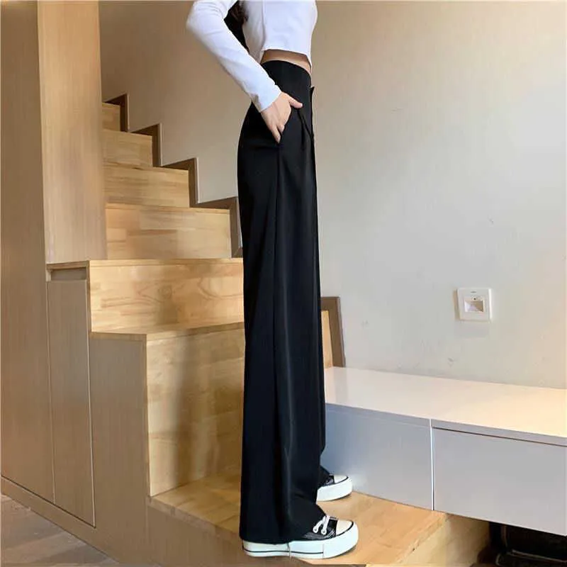 2021 novas calças de perna larga mulheres bolsos casuais botão de cintura de alta cintura calças femininas solta reta grande tamanho preto cáqui calça 2xl q0801