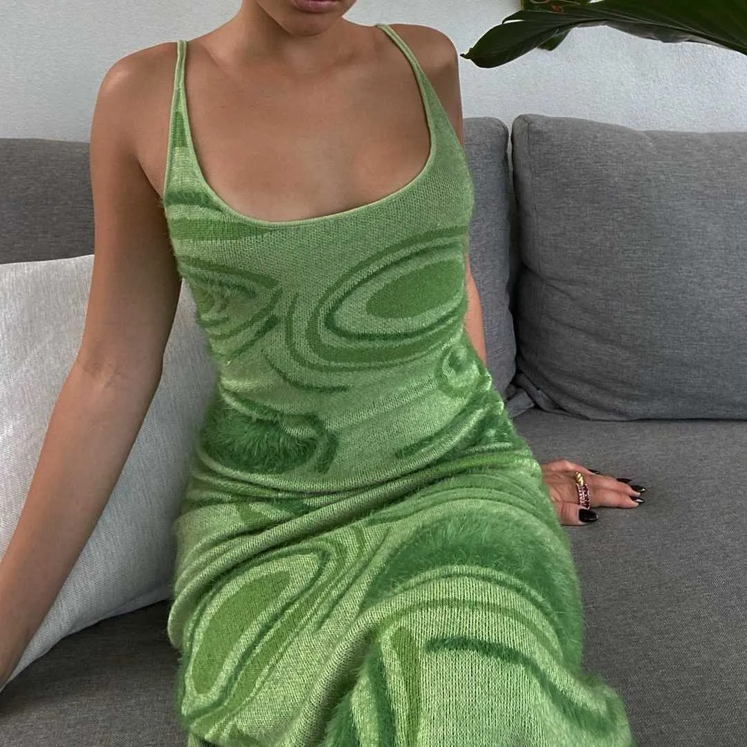Sexy Print Knit Bodycon Dress Women Green Y2K Party Dress Hollow Out Sleeveless Spaghetti Strap Beach Midi Dresses Summer Y0603