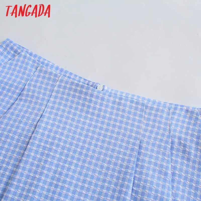 Tangada été femmes élégant bleu Plaid jupe Shorts dos fermeture éclair poches Shorts de plage pantalons JE69 210609