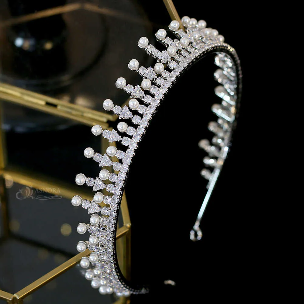 Asnora tiara cubic zirconia kvinnlig förlängning pärla krona brud smycken parade huvudbonad full bröllop hår tillbehör x0625