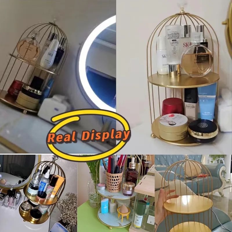Metal Bird Cage Cosmetic Storage Organizer Lipstick Perfume Skin Care Products Finishing Rack Bathroom Shelf Accessories Gift 220212