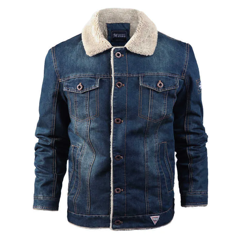 CHAIFENKO Men's Winter Denim Jacket Parkas Windproof Thick Fleece Warm Coat Fashion Casual Fur Collar Brand 6XL 210811