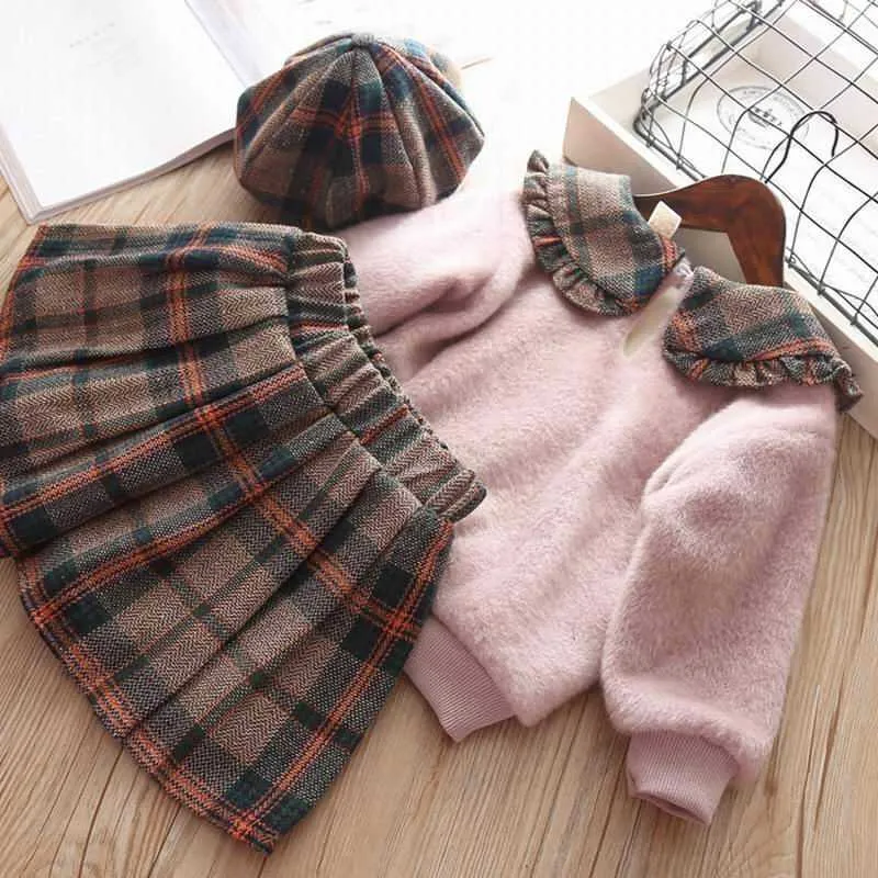 Girl Winter Clothes Thick Girls Outfits Peter Pan collar Hoodie+plaid pleated skirt+hat E84088 210610