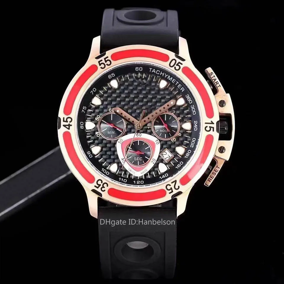 Herren Sportuhren Chronograph Armbanduhren Japan Quarzwerk Stahlgehäuse Rotes Kautschukarmband Reloj de Lujo Hanbelson207S