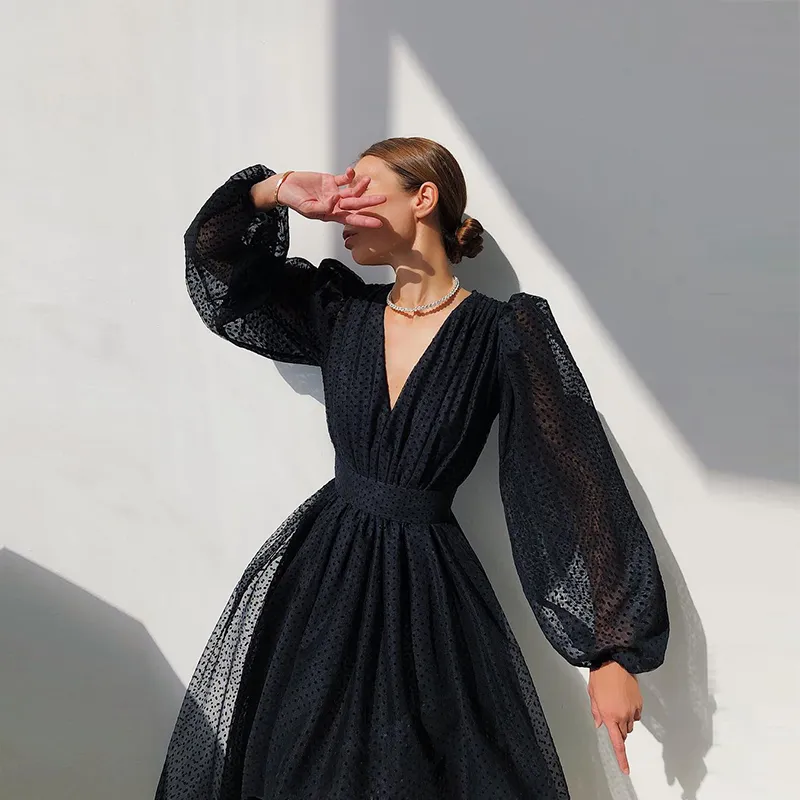 Vrouwen zomer mesh tule sexy dame feestjurk 2021 lente lantaarn lange mouw pailletten Dots jurken elegante vrouwelijke vestidos robe x0521