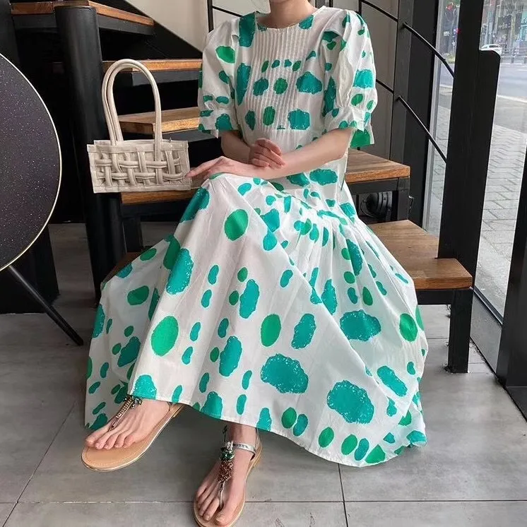 Sommer Chic Frauen Elegantes Kleid Koreanische Dot Muster Puff Hülse Weibliche Kleider O Hals Geraffte Vintage Süße Robe Femme 210506