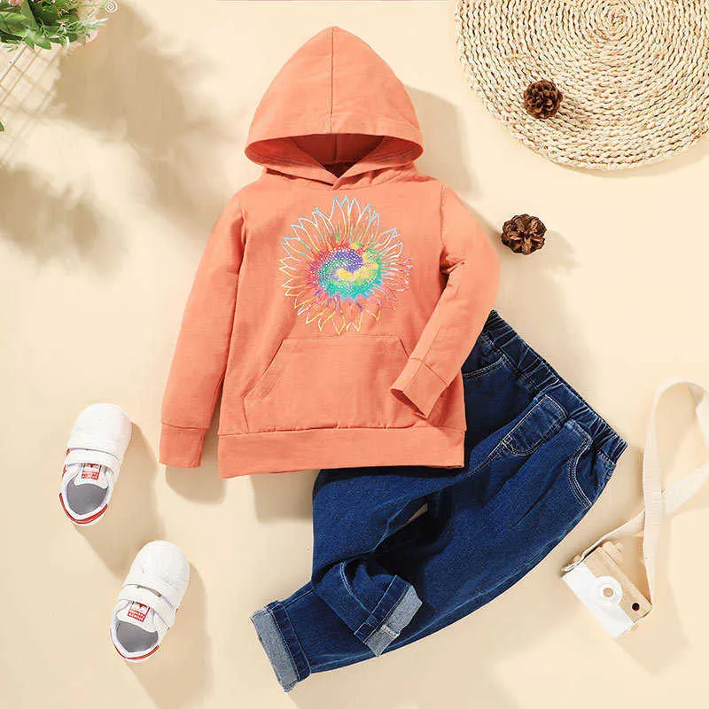 Winter Kinder Sets Langarm O Neck Print Folral Hoodies Denim Hosen Nette 2 stücke Mädchen Jungen Kleidung 210629