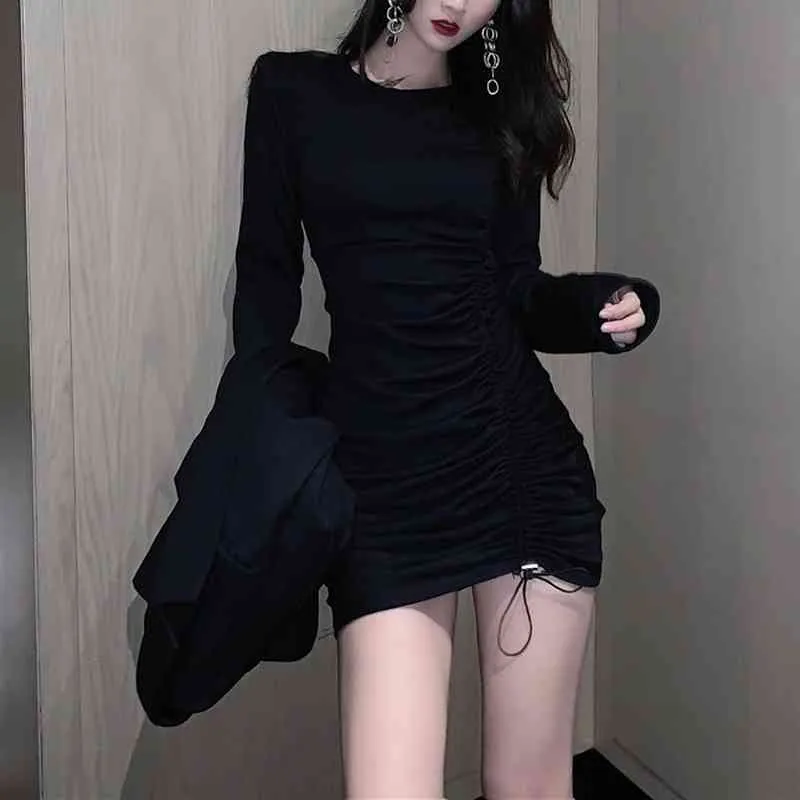 Kimutomo Spring Klänningar Kvinnor Hong Kong Style O-Neck Långärmad Drawstring Slim Waist Mini Vestidos Elegant Korea Chic 210521