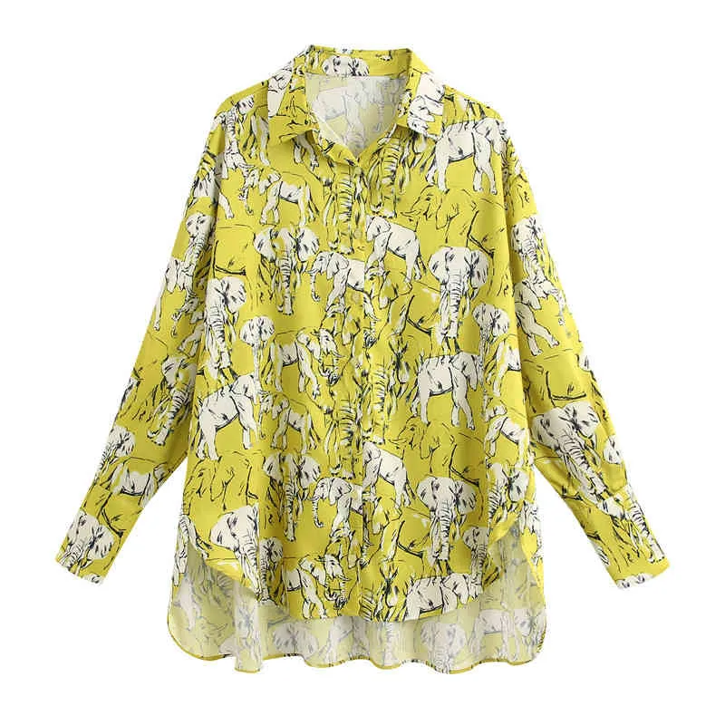 Stylish chic elephant pattern print blouse Women lapel long sleeve oversized shirt female stylish tops blusas mujer 210430