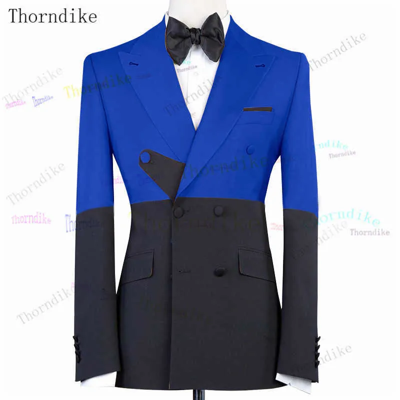 Thorndike bleu Royal costumes avec pantalon noir Slim Fit Tuxedos 2 pièces Costume Homme mariage Blazer pour hommes marié bal ensemble X0909