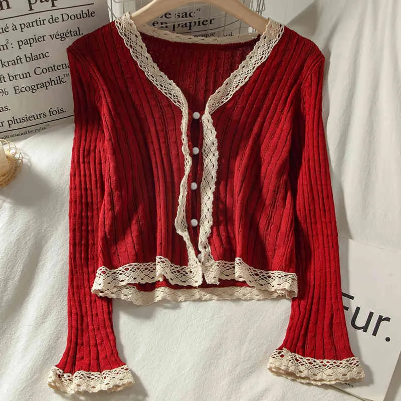 Ezgaga Cardigan lavorato a maglia da donna patchwork in pizzo con scollo a V monopetto sottile dolce maglione corto femminile sottile tenero elegante moda 210430
