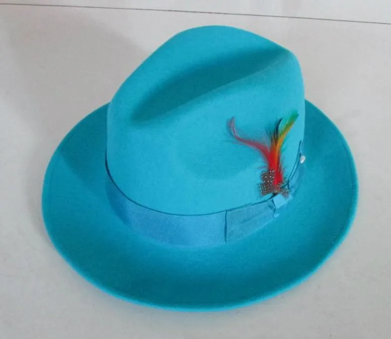Moda uomo Fedora Berretto di lana Maschio Lago Blu Jazz Classico feltro leggero Cappello Fedora Padrino Cowboy B-8119 Cappelli a tesa larga250b