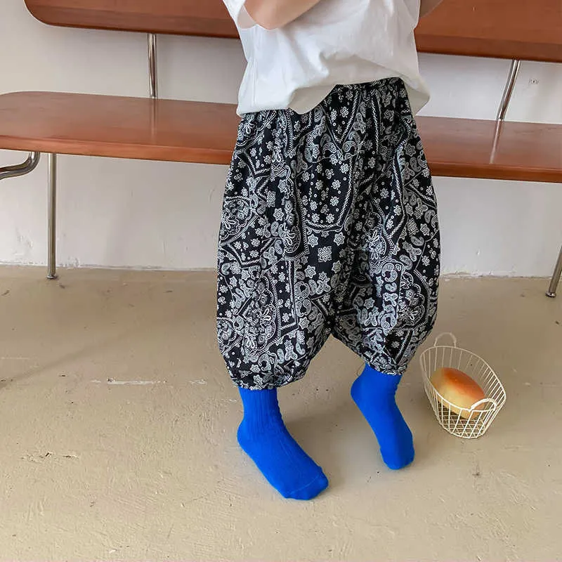 Estilo coreano Retro meninos meninas impressão solta tornozelo-comprimento calça 1-6 anos unisex kids casual all-match calças finas 210615