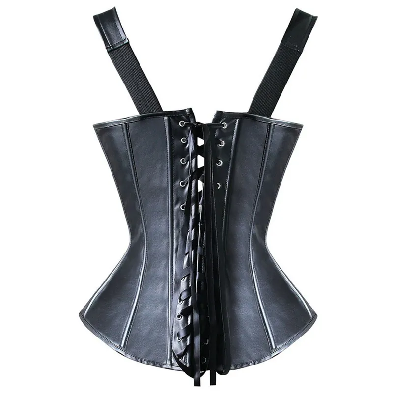 Palace Sexy Leather Corset Belt With Diamond Buckle Black Leather Wide Shoulder Strap Gothic Style Corsets Black Plus Size S-6XL