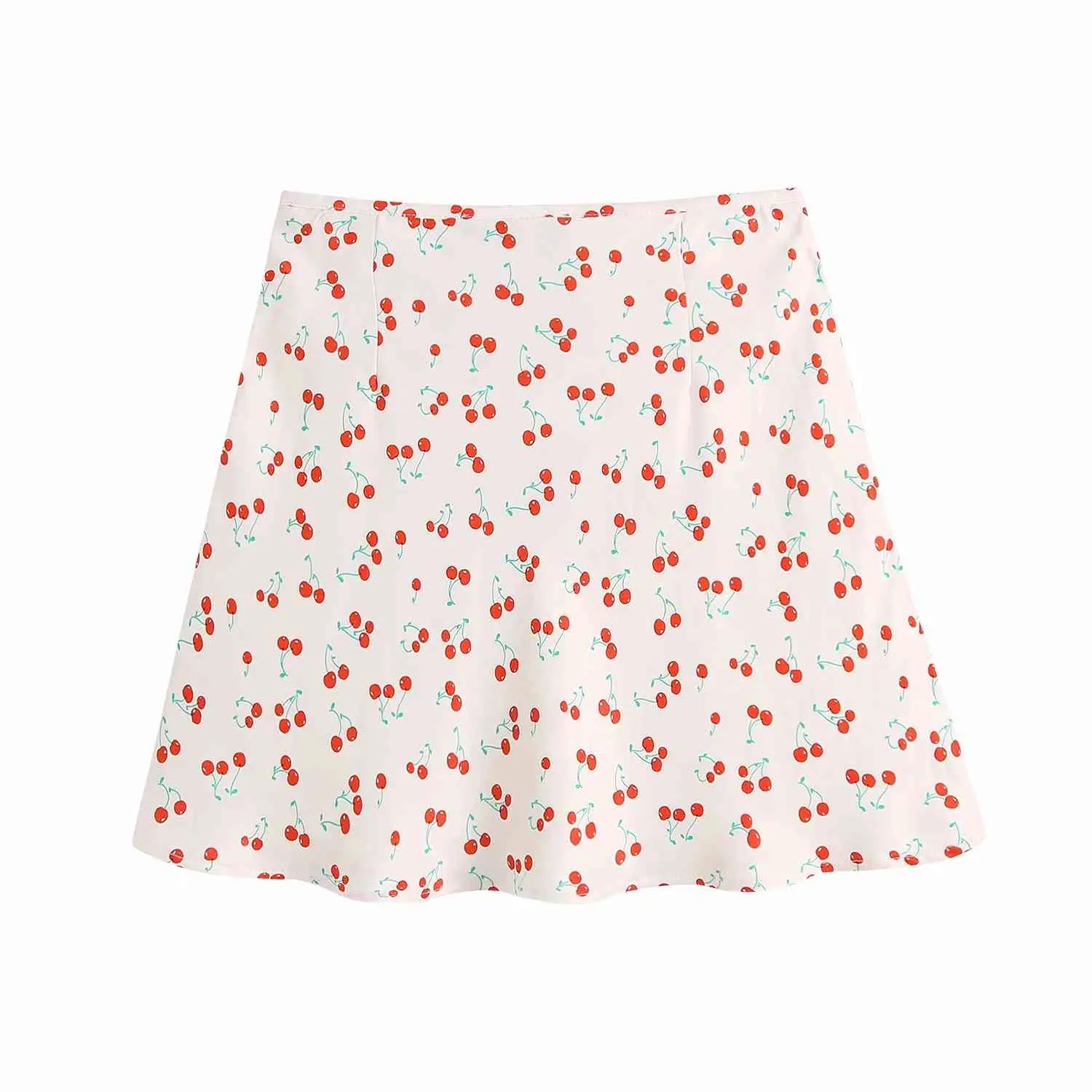 Women Skirt Pink Print Satin Mini s Woman Vintage Cherry Summer Elegant invisible side zip High-waisted skirt 210520