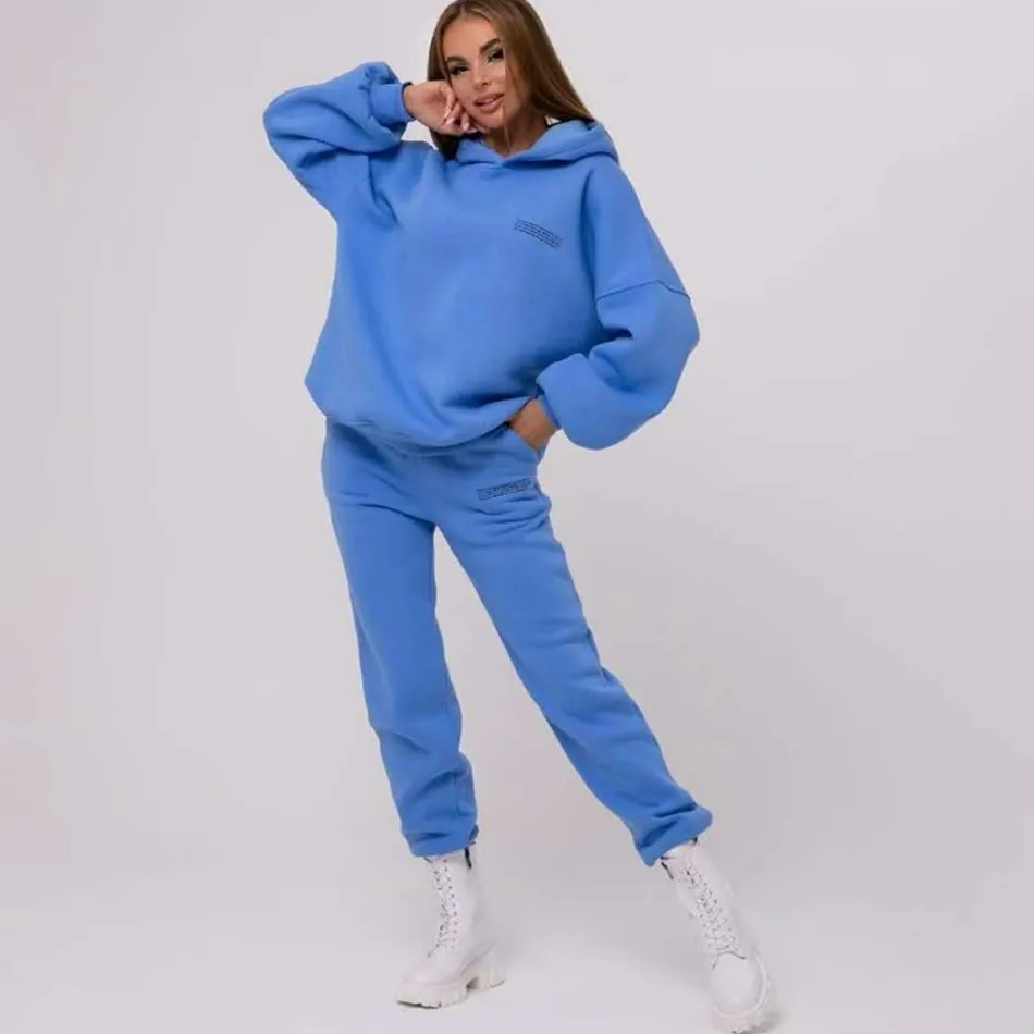 Free Arrived Women Candy Color Fashion Tracksuits Fleece Thick Sweatshirt Pants Hooded Casual 2-Piece Set 210524