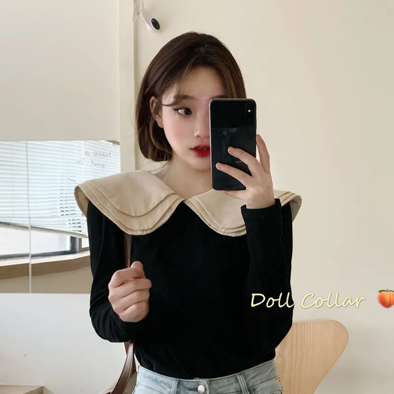 Kimutomo Sweet Girls Black Blouse Women Fresh Style Gentle Ladies Peter Pan Collar Long Sleeve Shirt Spring Autumn Chic 210521