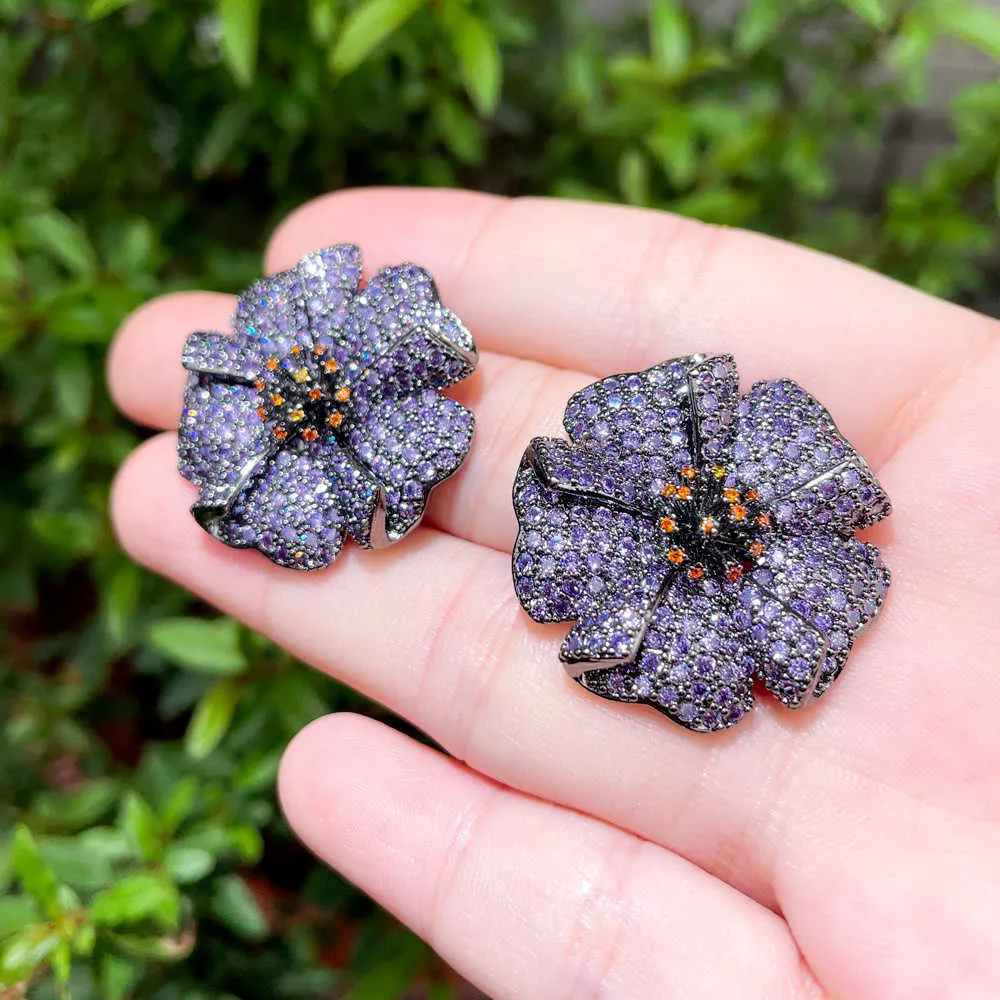 Gorgeous Violet Flower Purple Cubic Zirconia Crystal Big Stud Earrings for Women Wedding Party Gift Jewelry CZ909 210714