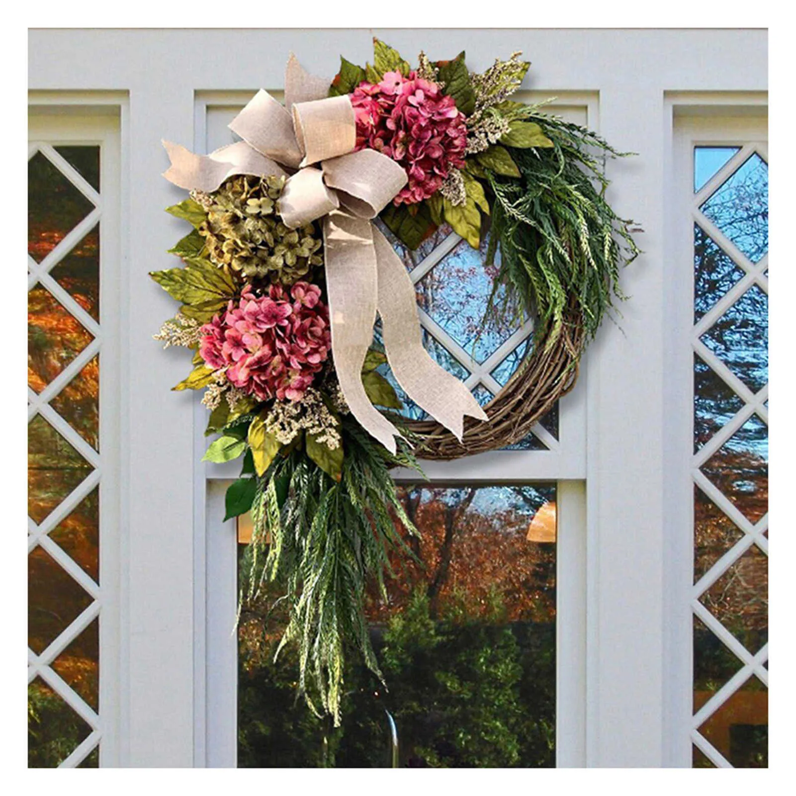 花輪花輪ファームハウスピンクアジサイリース素朴な家の装飾玄関ドアの壁の装飾のための人工花輪最新 Q0812