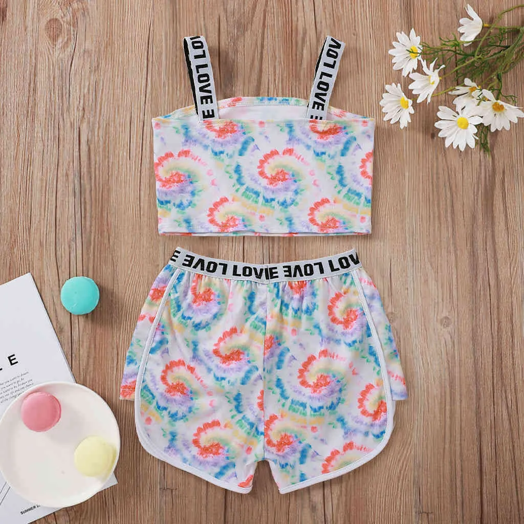 Sling Letter Printing Children's Clothes Set Fashion Tie-dye For Boys and Girls Summer Kids Sports Suit 210515