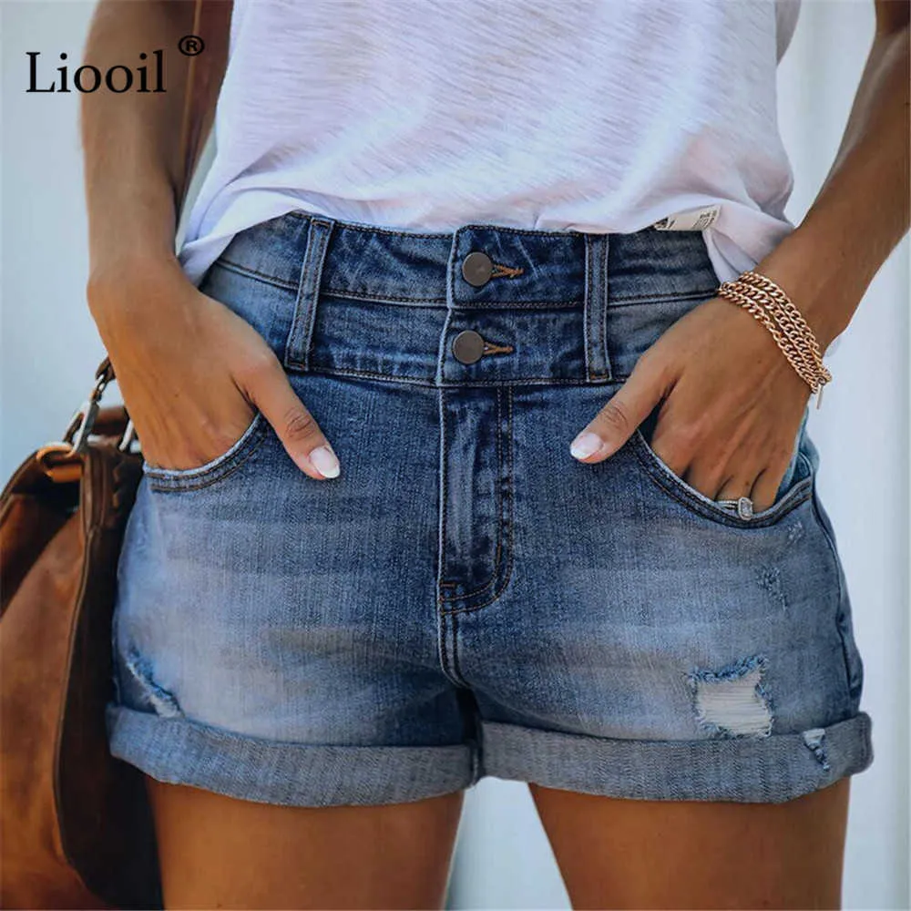 Coton Jeans Femme Taille Haute Stretch Shorts D'été Streetwear Fermeture Éclair Avec Poche Bouton Casual Bleu Revers Déchiré Denim Court 210719