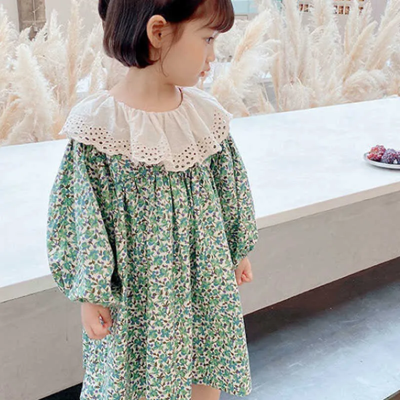 Spring Summer Girls' Dress Korean Style Long Puff Sleeve Floral Cute Doll Collar Baby Kids Children'S Clothing For Girl 210625