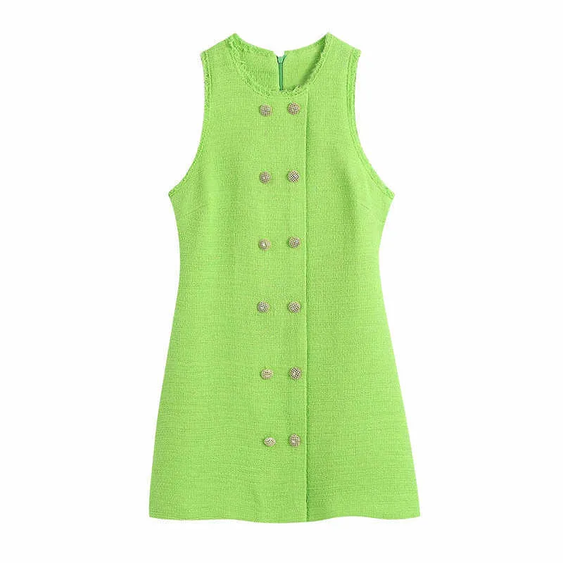 ZA Summer Textured Weave Mini Dress Women Vintage Sleeveless Tweed Office Lady Dresses Chic Back Zip Woman Fit Green Dress 210602