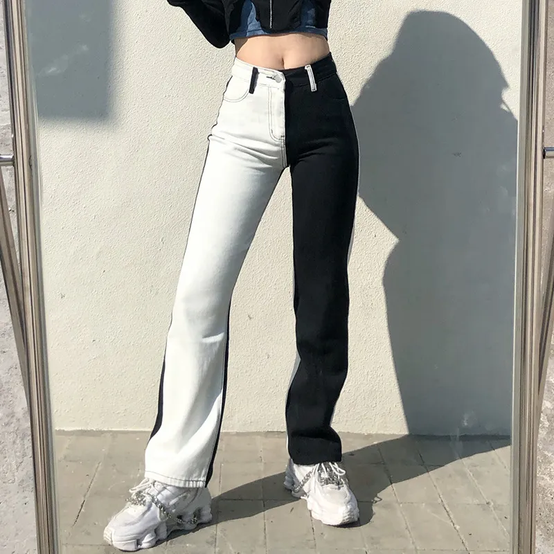 ファッションブラックホワイトスプライシングジーンズポケットズボンカジュアルスリムコントラストカラーデニムジャンハイウエストストレートパンツ女性210517