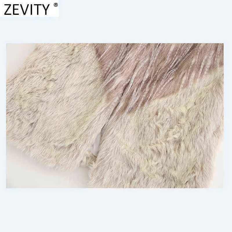Zevity Women Fashion Ärmlös Färg Matchande Faux Fur Patchwork Vest Jacka Dam Casual Waistcoat Chic Outwear Toppar CT743 211123