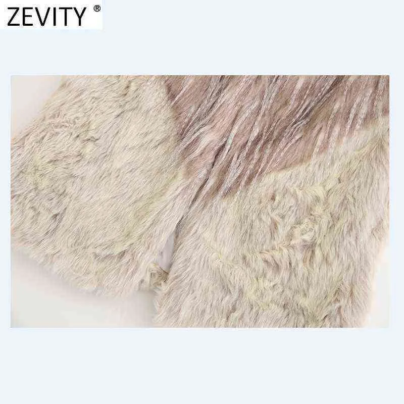 Zevity Women Fashion Sleeveless Color Matching Faux Fur Patchwork Vest Jacket Ladies Casual WaistCoat Chic Outwear Tops CT743 211123