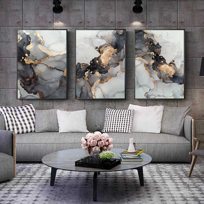 Nordic Grey Golden Fluid Art Marble Texture Abstract Wall Art Canvas Poster e stampa la decorazione moderna del soggiorno di casa 210705