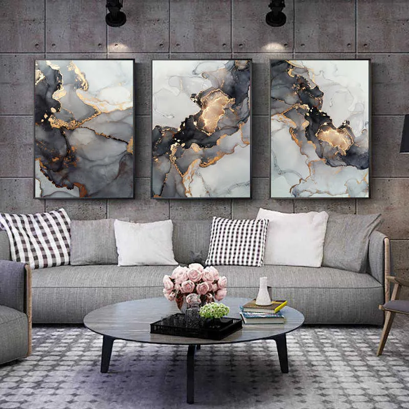 Nordique gris doré fluide Art marbre Texture abstrait mur Art toile affiche et impression pour la maison moderne salon décoration 210705