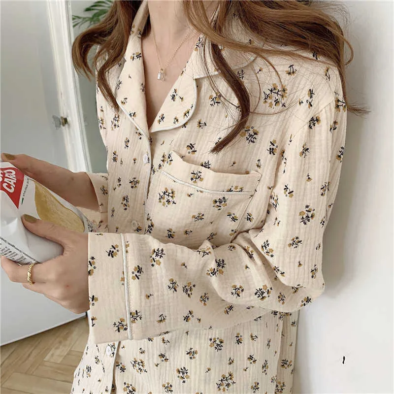 かわいい穏やかなシックなパジャマをセットプリント甘い寝室全体のマッチエレガンス暖かい日常家女性ソフトホーム服210529