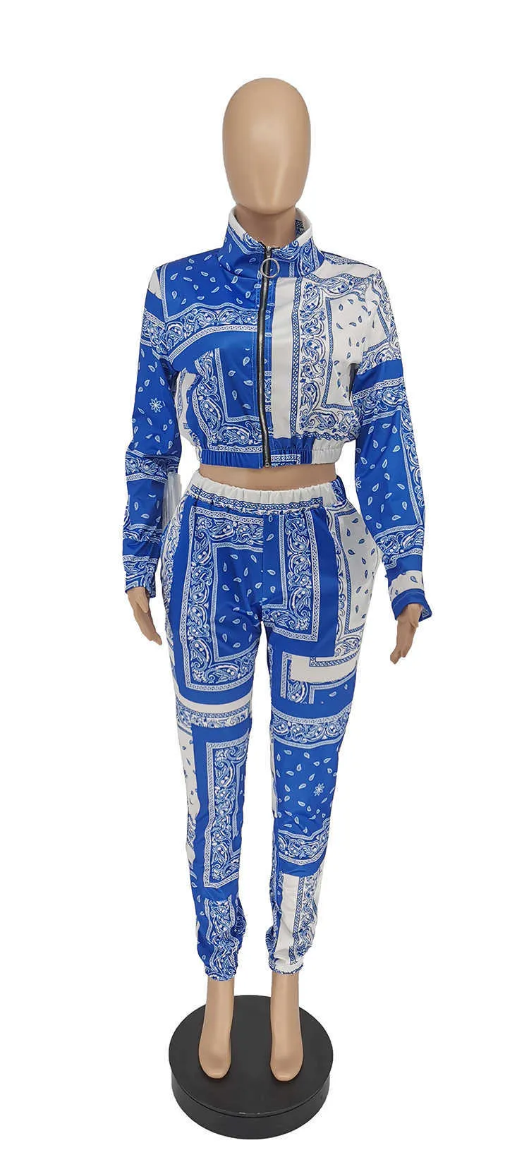HAOOHU Langarm Damen Set Paisley Bandana Print Zweiteiliges Set Jacke Crop Top Bleistift Hosen Mode Trainingsanzug Y0625